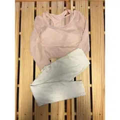 ヨガウェア ピンク長袖トップスとホワイトレギンスセット バラ売り可