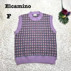 エルカミーノ　ニットベスト　ハイネック　ノースリーブ　パープル　チェック　フリー
