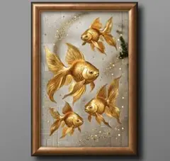 輝く金魚　運気を呼ぶ　額縁付き　健康運、金運を開運するインテリア絵画グラフィック