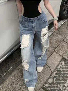 ダメージ加工 ライトブルー デニムパンツ XXS