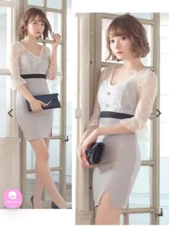 袖レースビジュー付きタイトミニドレス