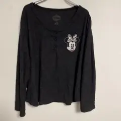 ミニーマウス刺繍 黒 長袖フリースTシャツ 2XL