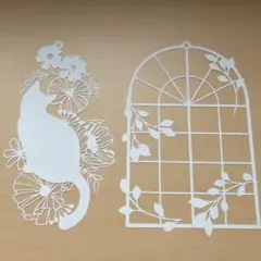 ハンドメイド 切り絵 フレーム付猫と花