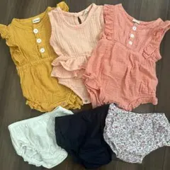 フリル付きコットンロンパース、コットンパンツ　4点セット