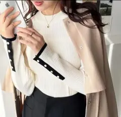 ※試着のみ※もちもちリブ袖口ボタン配色ハイネックニット　geera ホワイト
