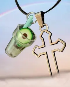 手作り真夏のフレッシュフルーツジュース×透かしクロス 黒コードネックレス