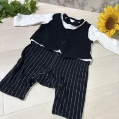 ブラックストライプ セレモニースーツ　男の子　６０〜７０cm リボン付き