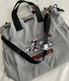 スヌーピー 刺繍ナイロン巾着バッグ トートバッグ　2wayショルダー付 グレー