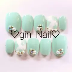 ネイルチップ　オーダー　ワンホン　韓国　グリーン　現品　ベリーショート　緑