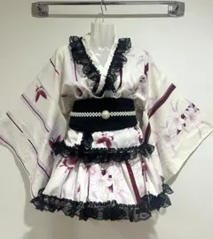 浴衣ドレス　大人用　姫ギャル　花　白　バラ　フリルレース　黒　薔薇 浴衣ドレス 大人用 姫ギャル 花 黒フリルレース 地雷 セパレート