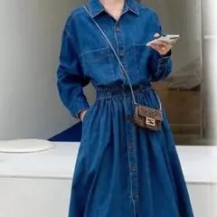 現品のみ！！ M デニム風 ワンピース 大人可愛い ゆったりシルエット
