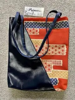 帯地リメイクバッグ　紺色合皮と朱色帯地コンビのトート