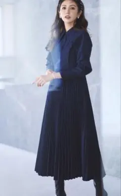 CELFORDラッフルスリーブプリーツワンピース ネイビーセルフォードフォーマル