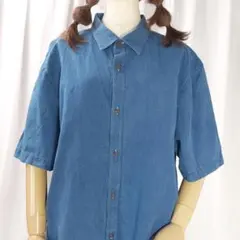 Lサイズ OLD NAVY 半袖 シャツ コットン100% 無地 ブルー 古着のサムネイル