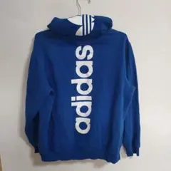 adidas 青 パーカー フード付き　古着　スケーター　デカサイズ　デカロゴ