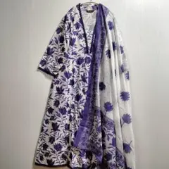ロングワンピース 花柄 ブルー系 インド クルタ スリット【63-7