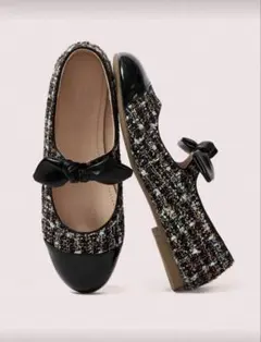 リボン付きツイードフラットシューズ