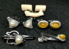 珊瑚 パール他 タイピン＆カフス ３組セット SILVER #1578-55