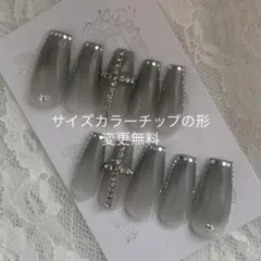 【ネイルチップオーダー】チークカラー変更可リボンy2kワンホン韓国グレーシルバー