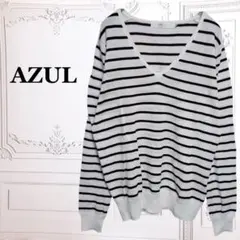 『アズール』コットン カットソー 【M】ホワイト 白 ボーダー Vネック ニット