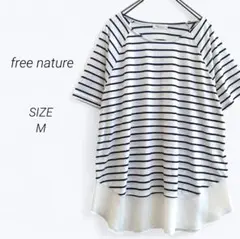a3925▶フリーネイチャー　半袖チュニック【M】ボーダー　透け感　体型カバー