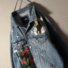 超個性的★ZARA ザラ デニムジャケット アートデザイン ダメージ加工 M 青