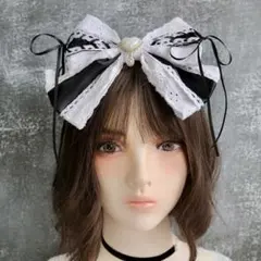 ハンドメイド♡黒×白 レースリボン ハート パール カチューシャ 量産型 地雷系