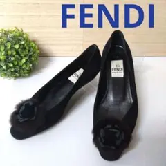 【美品】　FENDI 　パンプス 黒 　スウェード ローヒール ファー　23cm
