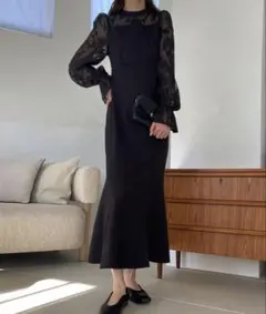 パーティドレス　レース　シアー　ブラック　黒　マーメイドワンピース　結婚式