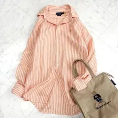 現行【ラルフローレン】リネンシャツ　ストライプ　ポニー刺繍　オレンジ　QRタグ