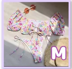 【M】新品　レディース　ブラジリアン　オフショル水着　ピンク　花　ビキニ　可愛い