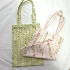 ハンドメイド 花柄ストライプ ぺたんこトートバッグ2枚セット♪SALE♪