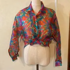 昭和レトロ古着　ヴィンテージ花柄シースルーシャツ　 クロップド丈　M相当