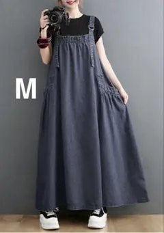 新品タグ付 デニムジャンパースカート M ダークブルー サロペット ロング