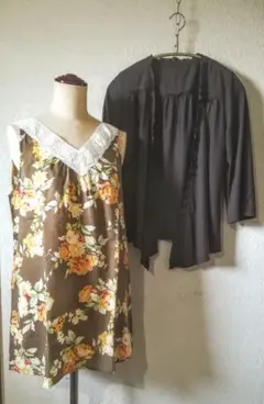 【リブイン】2点セット ボタニカル柄コットンチュニック+カーディガン M