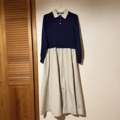 OPAQUE.CLIPダブルポロ衿ニットドッキングワンピース　ネイビー Mサイズ