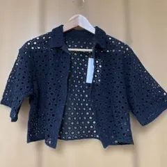 透かし編み 半袖シャツ 黒のサムネイル