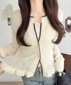 mily bilet 　裾フリルバイカラーデザインシアーニットカーディガン