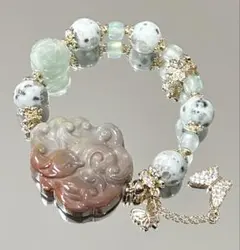 《癒しの石》九尾狐（アラシャン瑪瑙）と花、キウイジャスパーのブレス　内径約15㎝