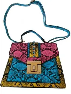 ヘビ柄ショルダーバッグ ピンク 青 黄色