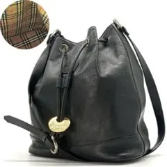 バーバリー　ショルダーバッグ 巾着 ノバチェック レザー シャドーホース　黒