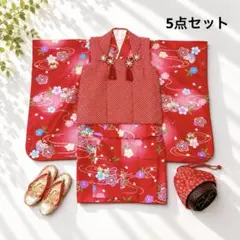 七五三 3歳 女の子 被布セット 赤 かのこ 花柄 カゴバッグ 草履 5点
