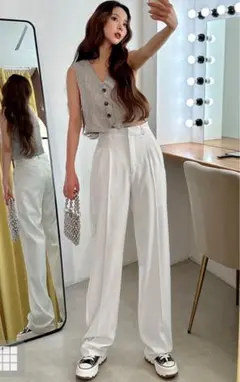 GRLセンタープレスワイドタックロングパンツ アイボリー L