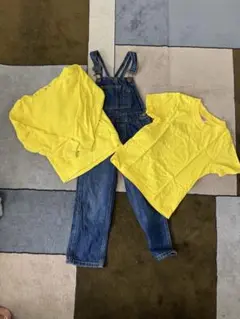 ハロウィンミニオン仮装　イエローTシャツ2枚とデニムオーバーオールセット