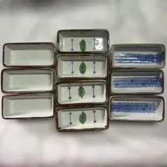 B165 淡路珉平焼 青釉 花文 隅切角小皿 13客 / 角皿 向付 懐石料理