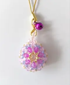 ビーズ ストラップ バッグチャーム ハンドメイド 紫陽花 紫×ゴールド ② 鈴