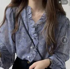 花柄フリルブラウス M 青　シフォンのサムネイル