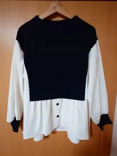 ネイビー/ホワイト 異素材ドッキングトップス