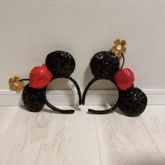 ミッキーヘアバンド ブラック レッド 花付き