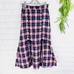 アンドドットノスタルジアチェック編み上げロングフレアスカート チェック柄綿100
